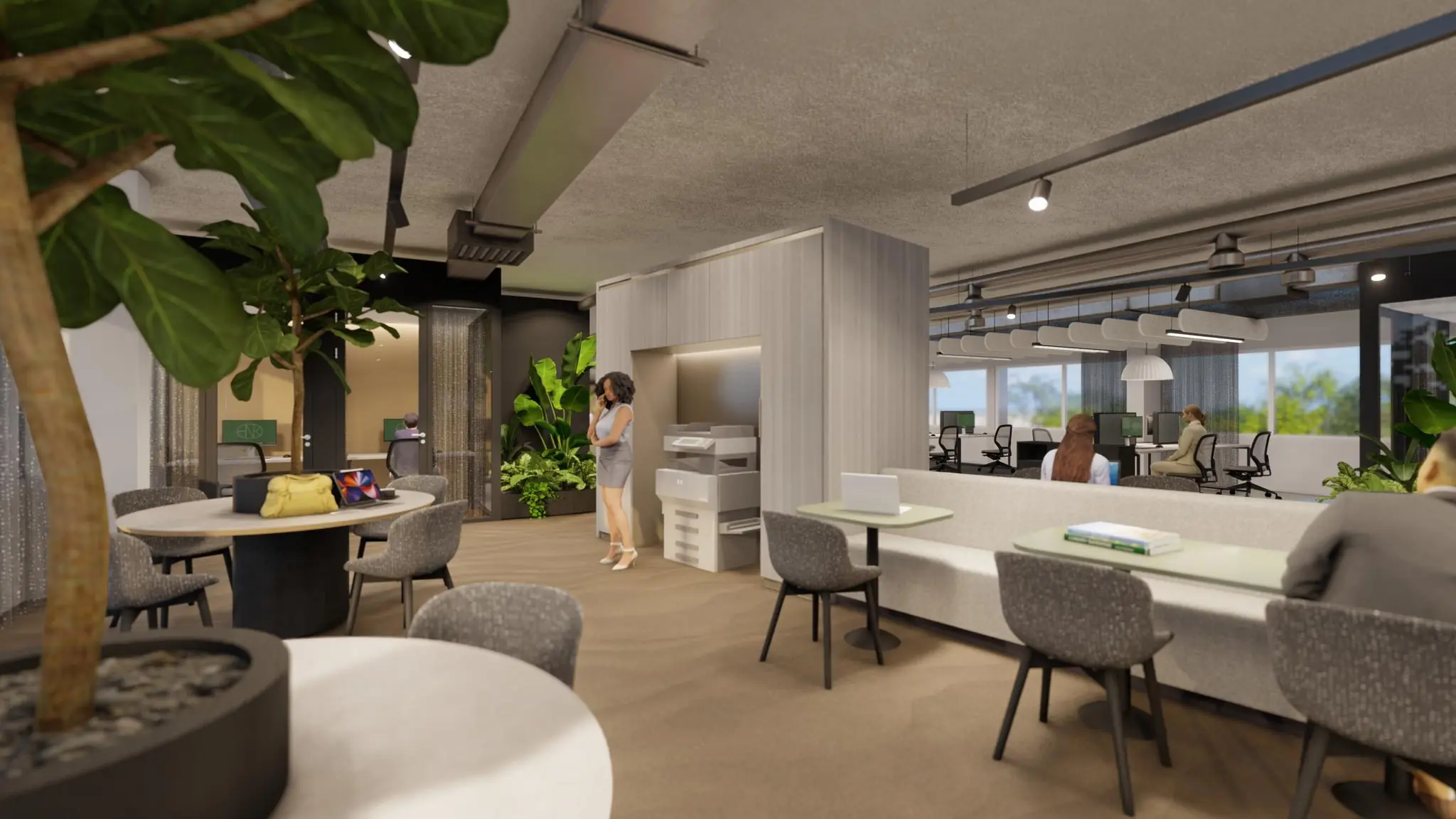 Moderne kantoorruimte aan de Marten Meesweg met flexibele werkplekken, planten en een printstation.